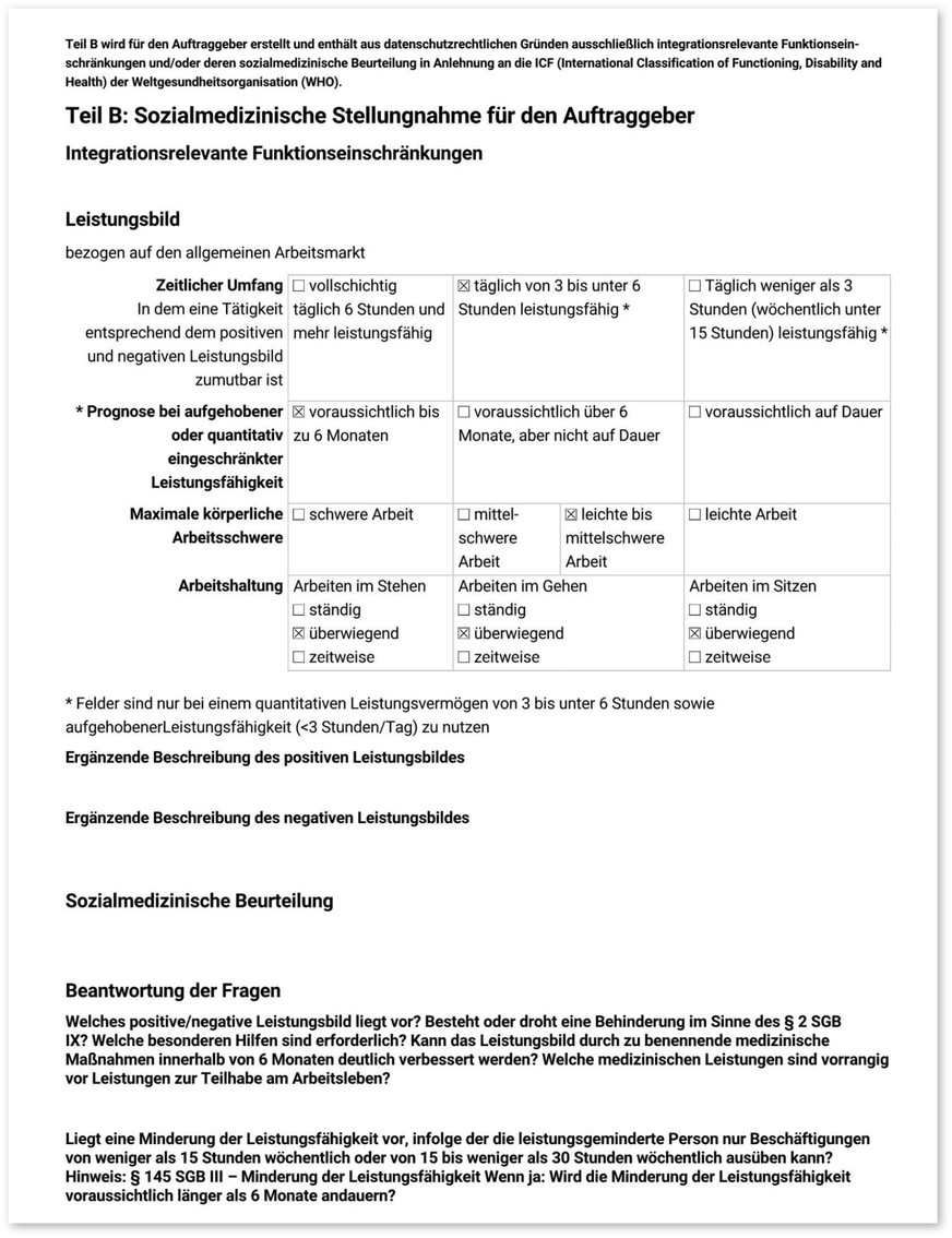 Abb. 1:  Aufbau der sozialmedizinischen Stellungnahme des ÄD für den Auftraggeber (Teil B) mit integrationsrelevanten Funktionseinschränkungen, Leistungsbild, sozialmedizinischer Beurteilung und möglichen ergänzenden (Ziel-)Fragen