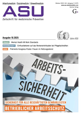Zeitschriftenumschlag mit einem Schutzhelm, Papieren und dem fetten Text "ARBEITS-SICHERHEIT" und "BETRIEBLICHER ARBEITSSCHUTZ".